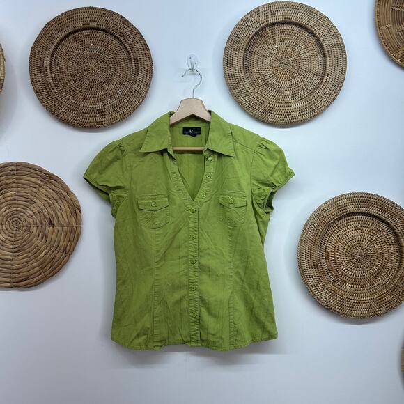 Vintage Y2K 2000s IZ Byer Green Button Up Collared Short Sleeve Top Large - Picture 2 of 7